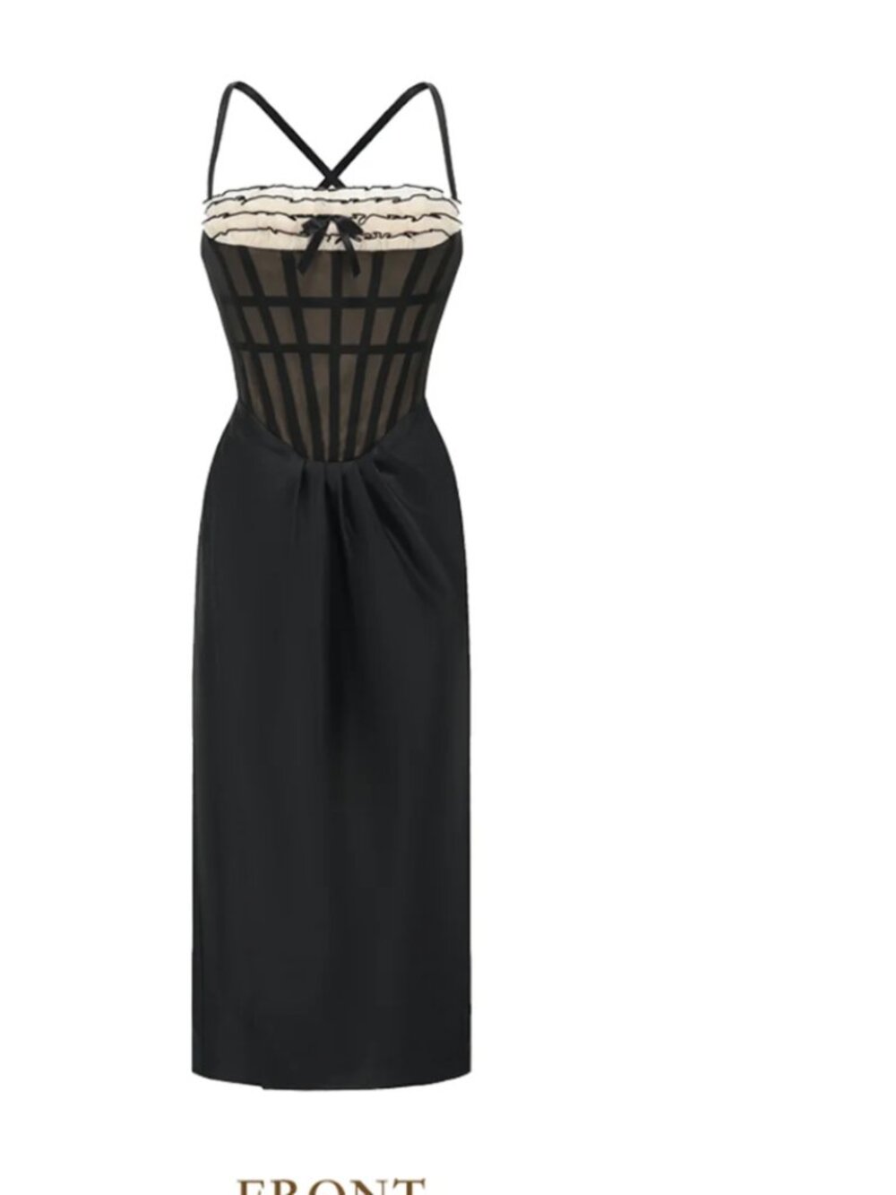 Black Lace-Trim Midi Dress with Corset Bodice - Picture 2 of 9